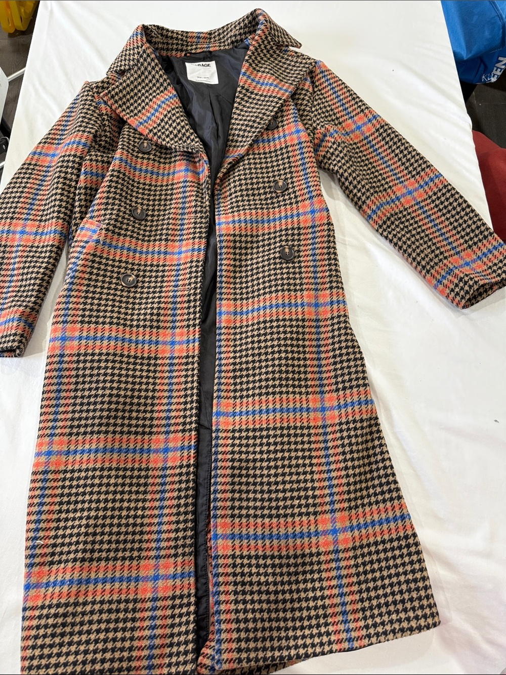 Garage Plaid Double-Breasted Pea Coat in Brown, Orange & Blue